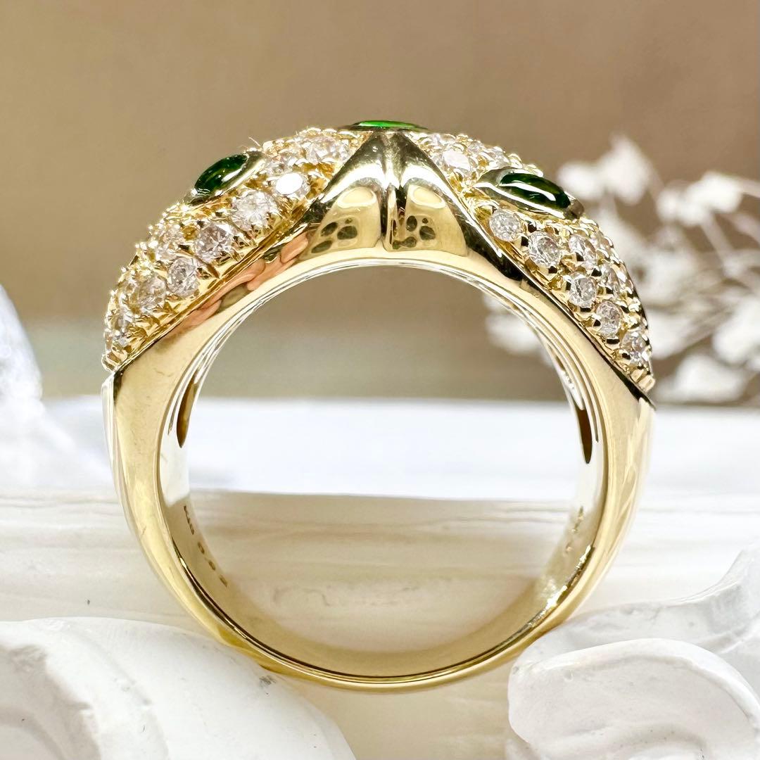 【K18】グリーンガーネット 0.98ct ハートモチーフ ダイヤモンド リング