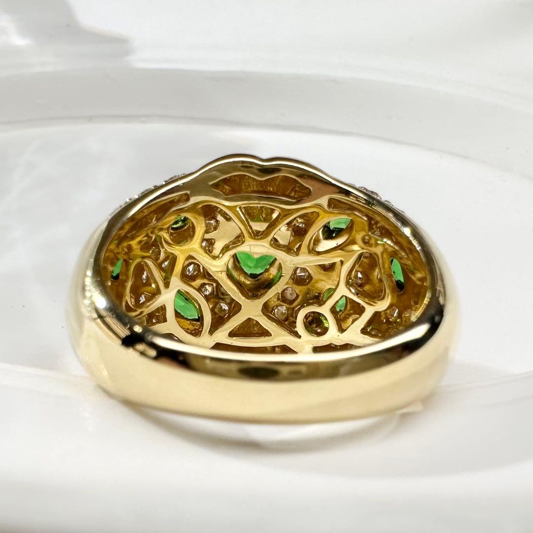 【K18】グリーンガーネット 0.98ct ハートモチーフ ダイヤモンド リング