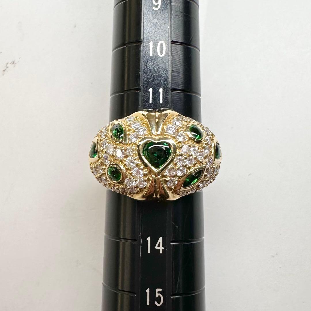 【K18】グリーンガーネット 0.98ct ハートモチーフ ダイヤモンド リング