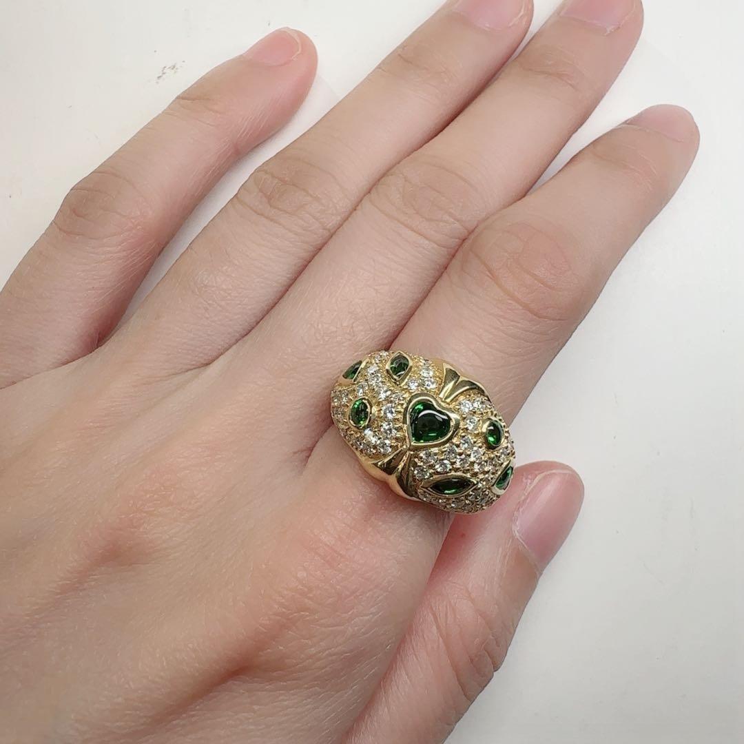 【K18】グリーンガーネット 0.98ct ハートモチーフ ダイヤモンド リング