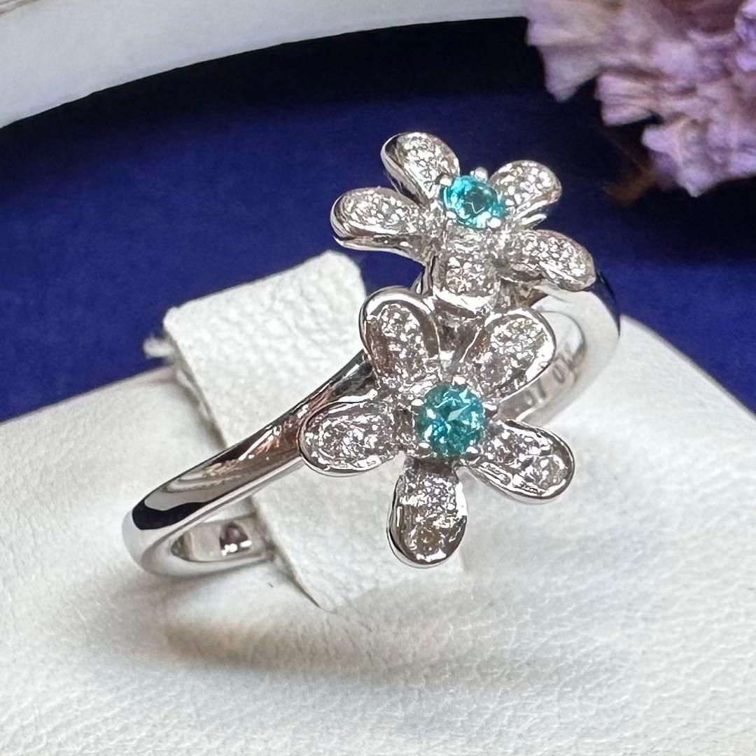 K18 パライバトルマリン0.07ct ダイヤモンドリング フラワー 希少石