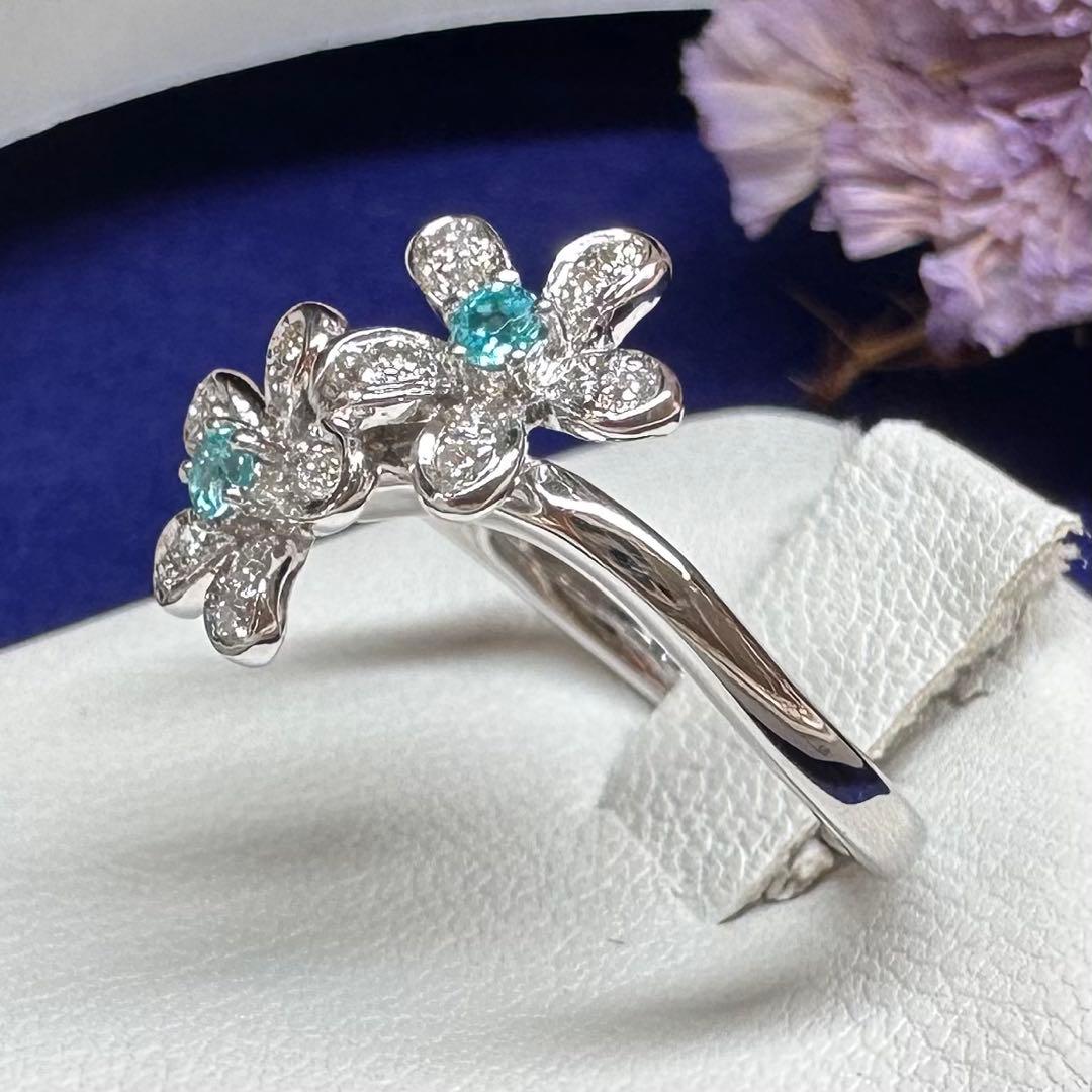 K18 パライバトルマリン0.07ct ダイヤモンドリング フラワー 希少石