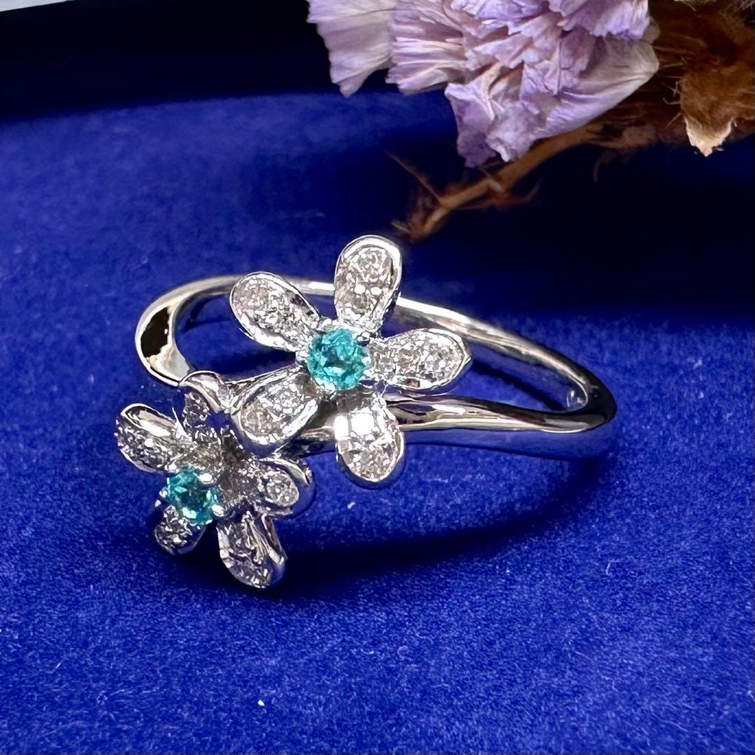 K18 パライバトルマリン0.07ct ダイヤモンドリング フラワー 希少石