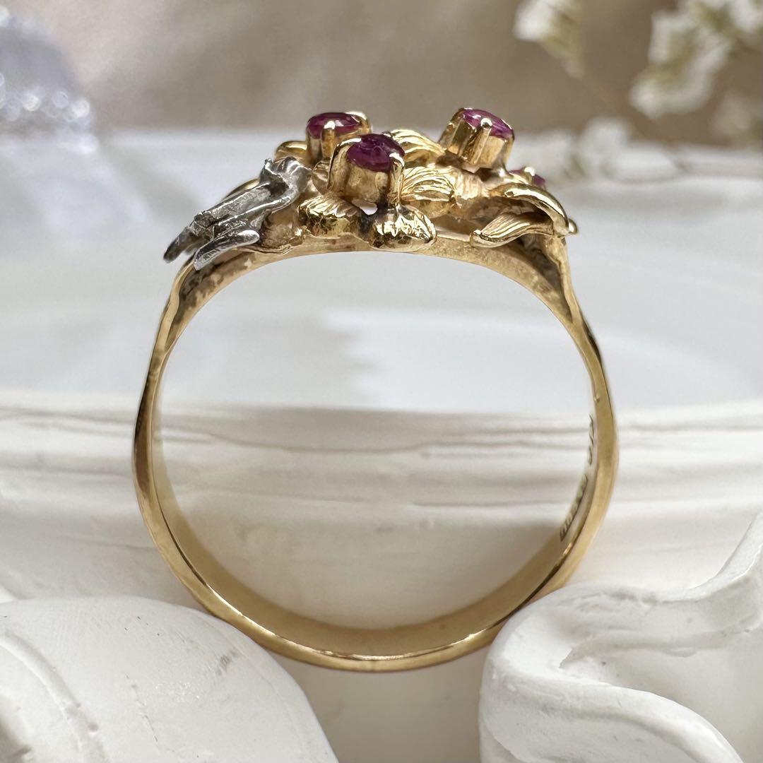 【美品】K18/PT900 コンビ フラワールビーリング　ヴィンテージ