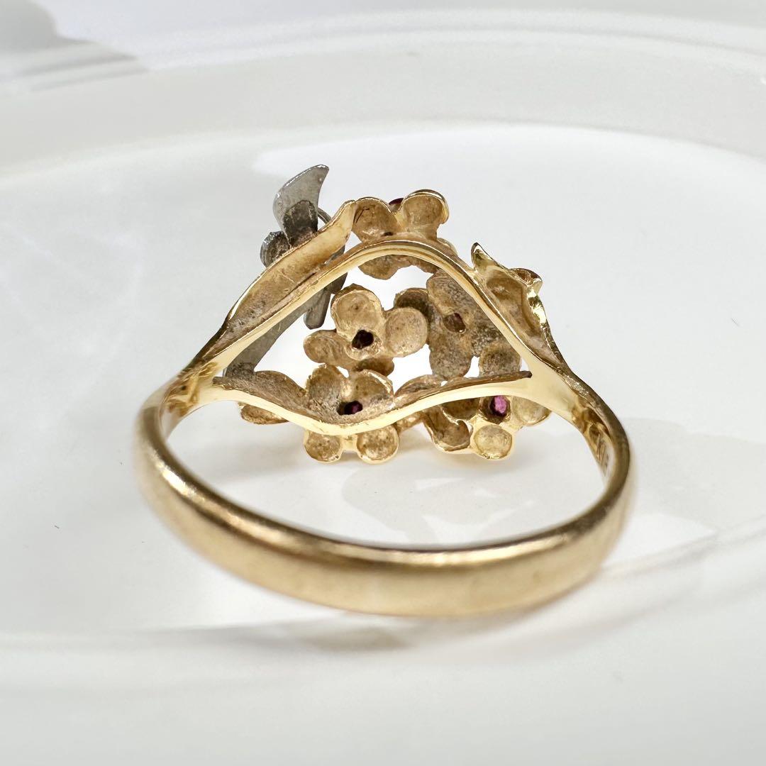 【美品】K18/PT900 コンビ フラワールビーリング　ヴィンテージ