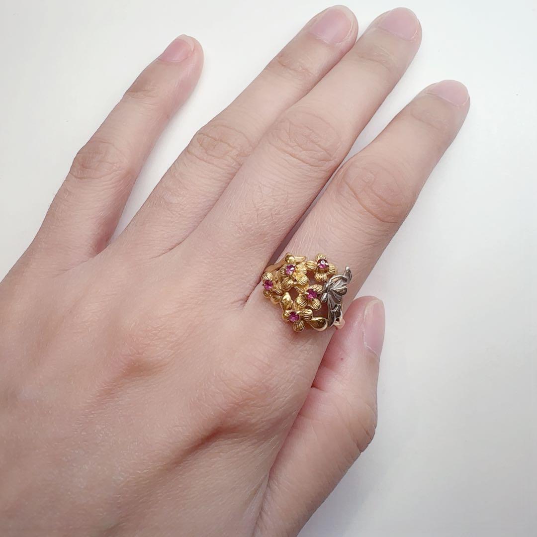 【美品】K18/PT900 コンビ フラワールビーリング　ヴィンテージ