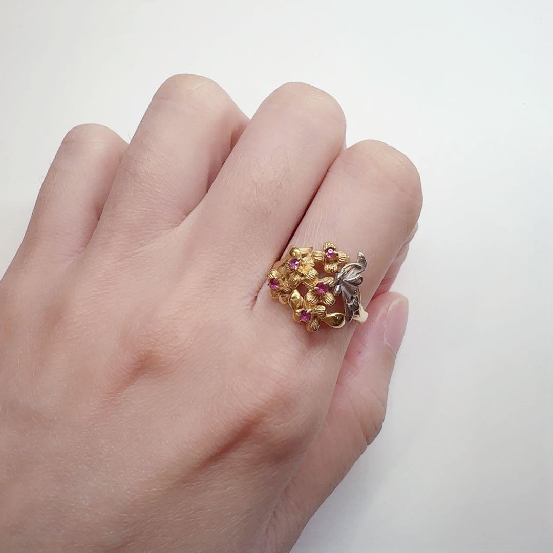 【美品】K18/PT900 コンビ フラワールビーリング　ヴィンテージ