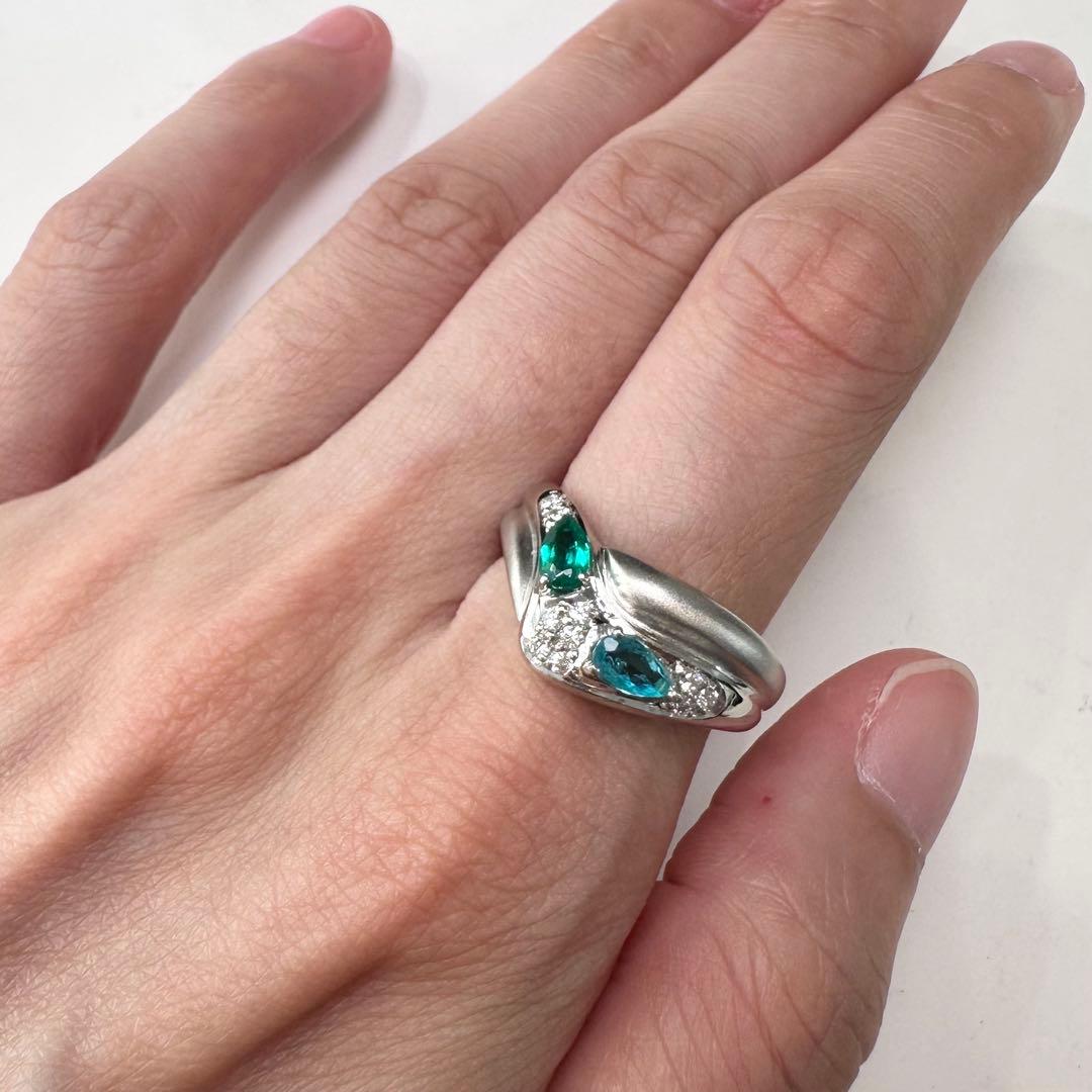 PT900 パライバトルマリン 0.11ct エメラルド 0.22ct リング