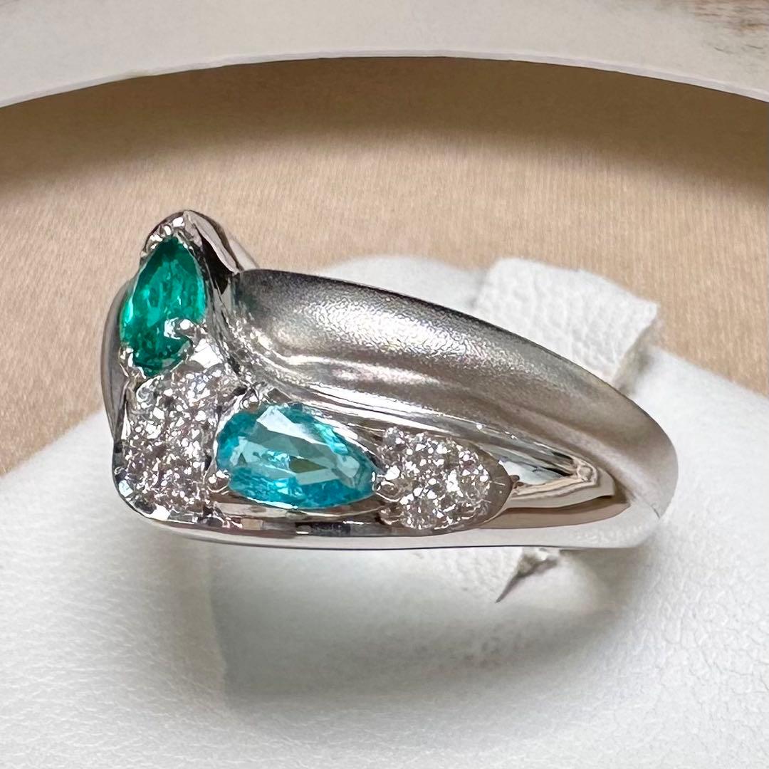 PT900 パライバトルマリン 0.11ct エメラルド 0.22ct リング