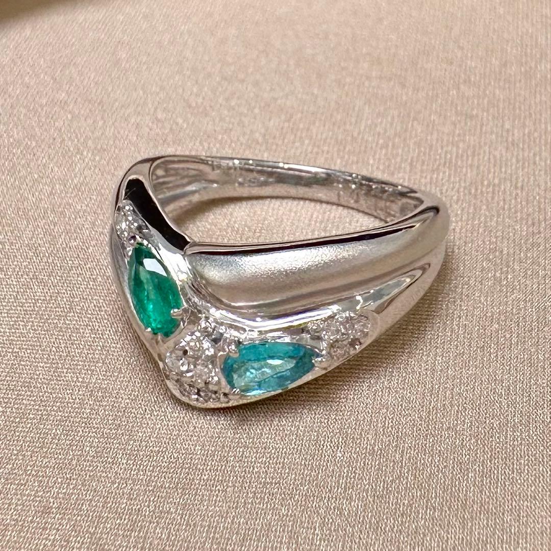 PT900 パライバトルマリン 0.11ct エメラルド 0.22ct リング