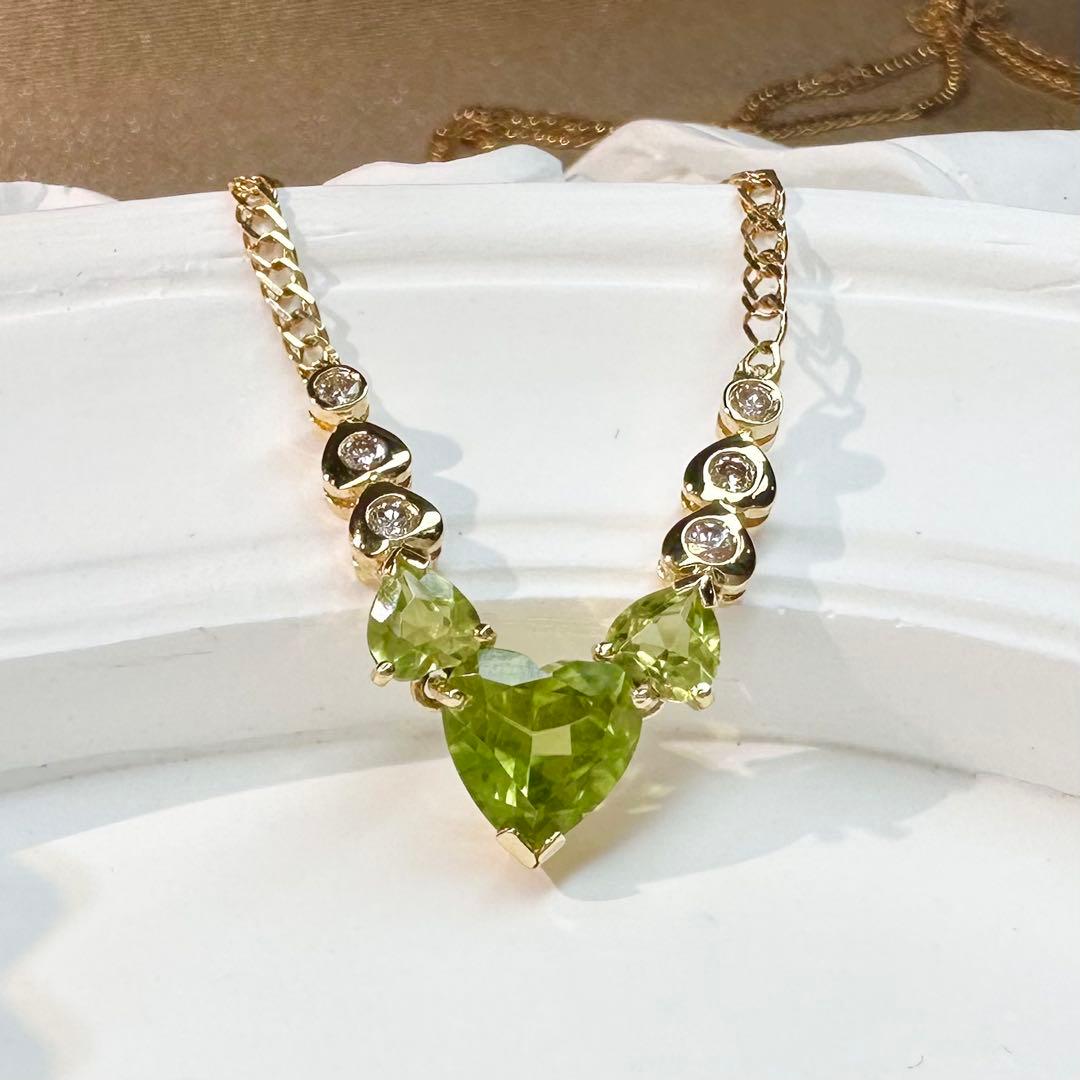 【K18】ペリドット ハートカット ネックレス ダイヤ付