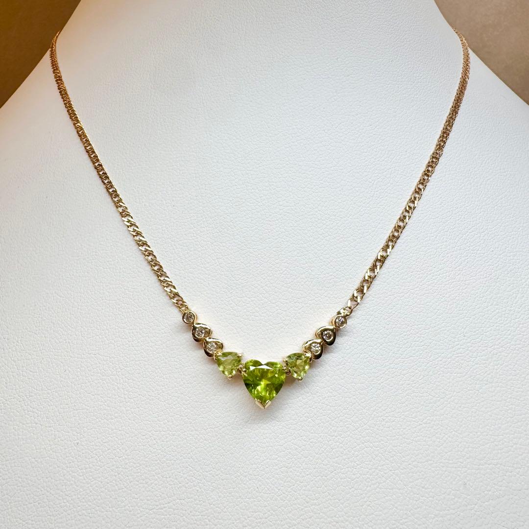 【K18】ペリドット ハートカット ネックレス ダイヤ付