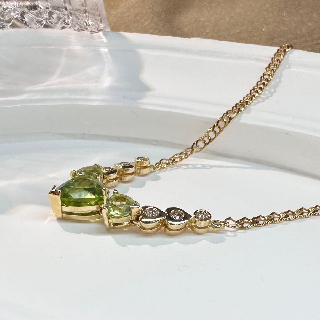 【K18】ペリドット ハートカット ネックレス ダイヤ付