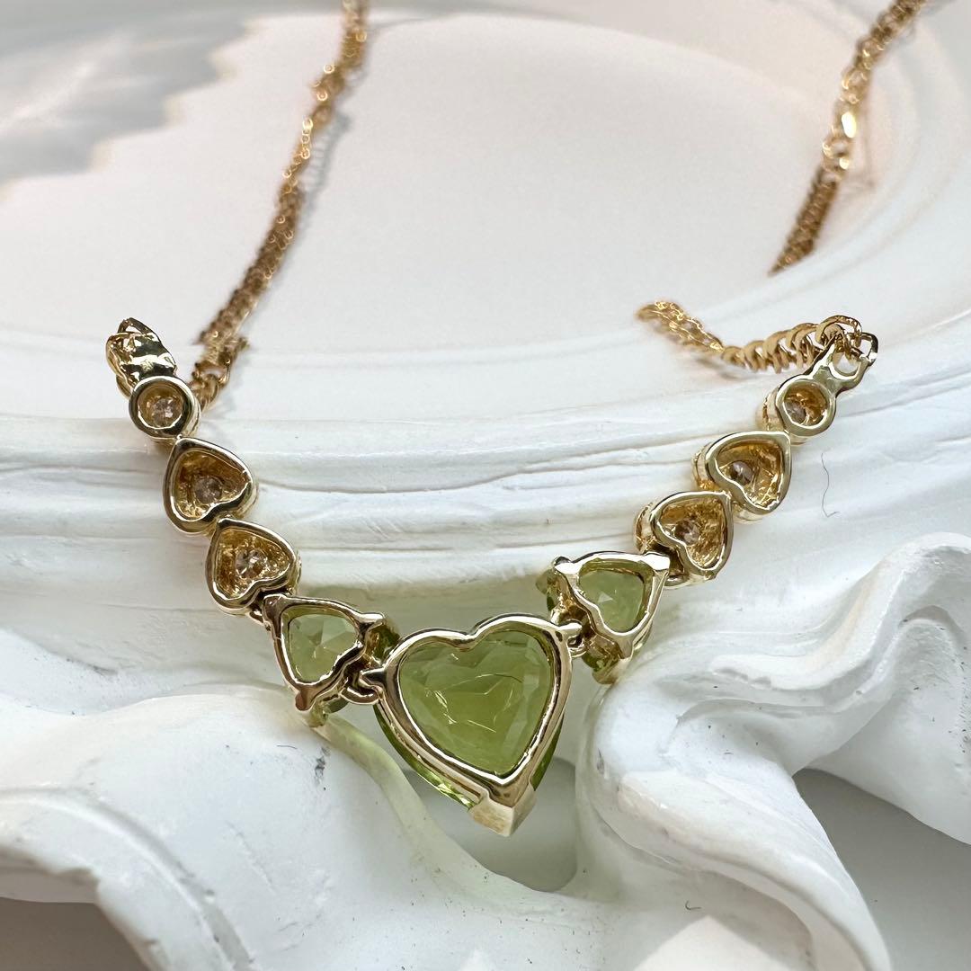 【K18】ペリドット ハートカット ネックレス ダイヤ付