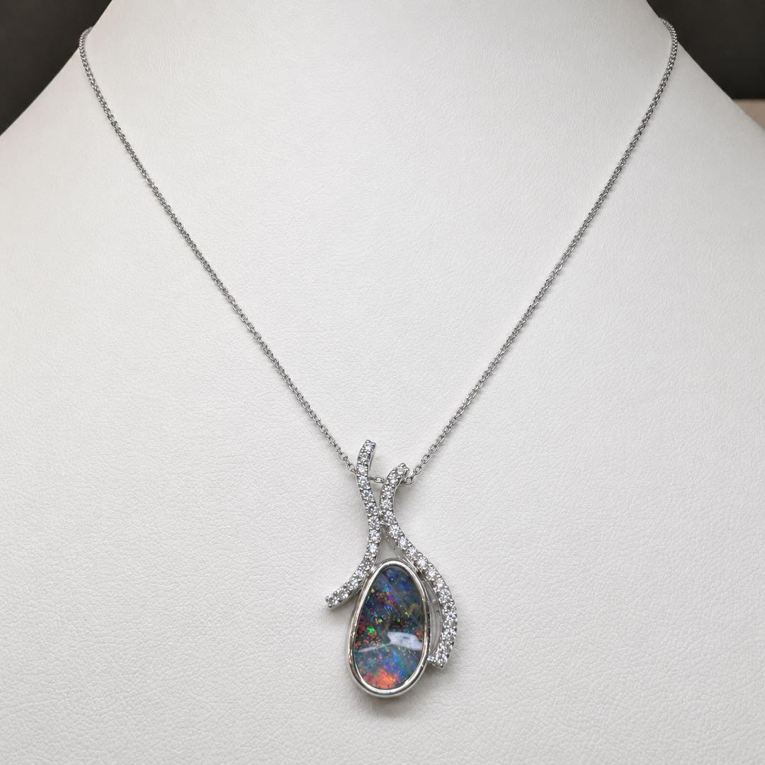 K18 ボルダーオパール3.07ct ダイヤモンドペンダント 遊色効果