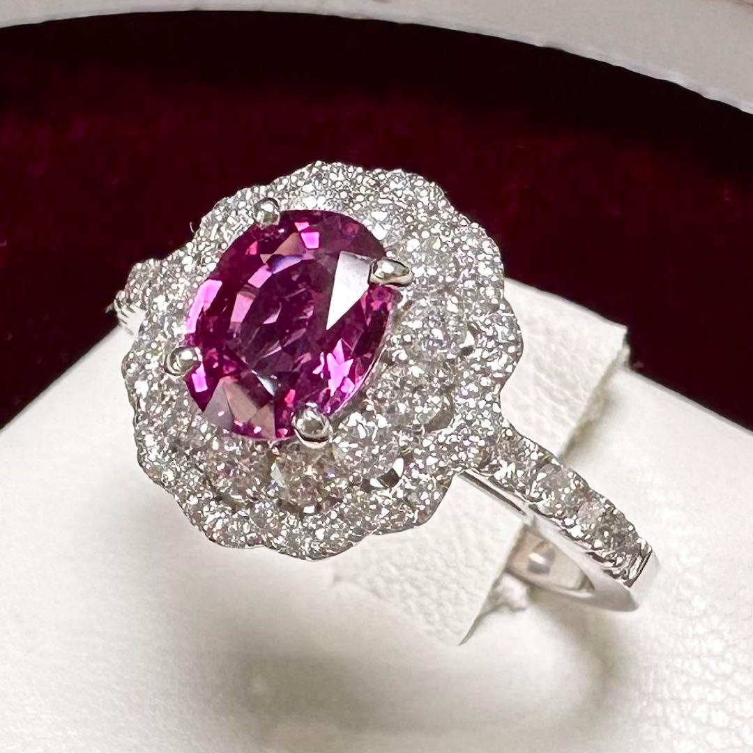 PT900 ピンクサファイア 1.26ct 取り巻き ダイヤモンド リング