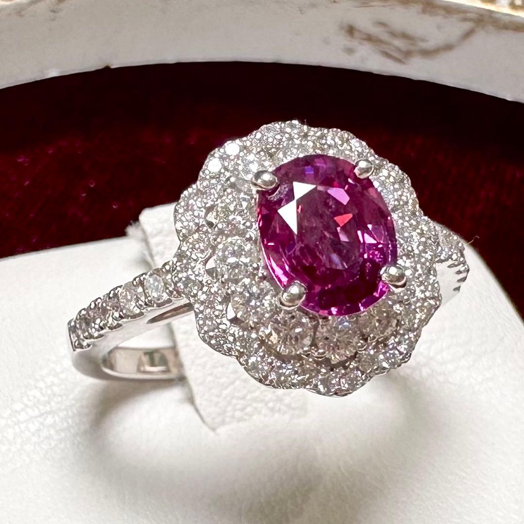 PT900 ピンクサファイア 1.26ct 取り巻き ダイヤモンド リング