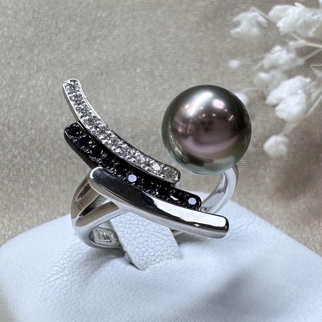 【K18WG】黒蝶真珠 9.2mm ブラックリング ダイヤ　デザイン