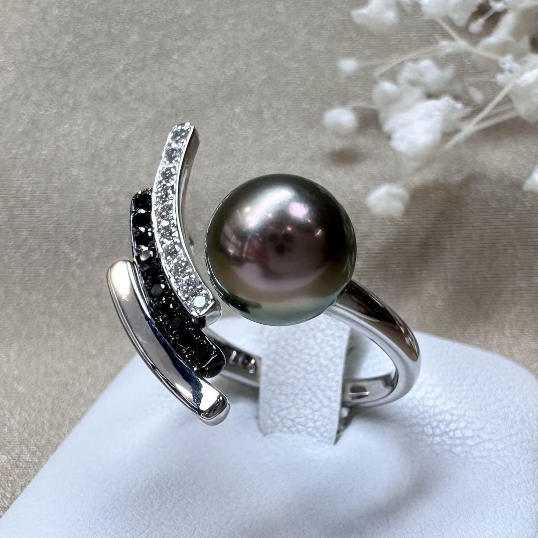 【K18WG】黒蝶真珠 9.2mm ブラックリング ダイヤ　デザイン