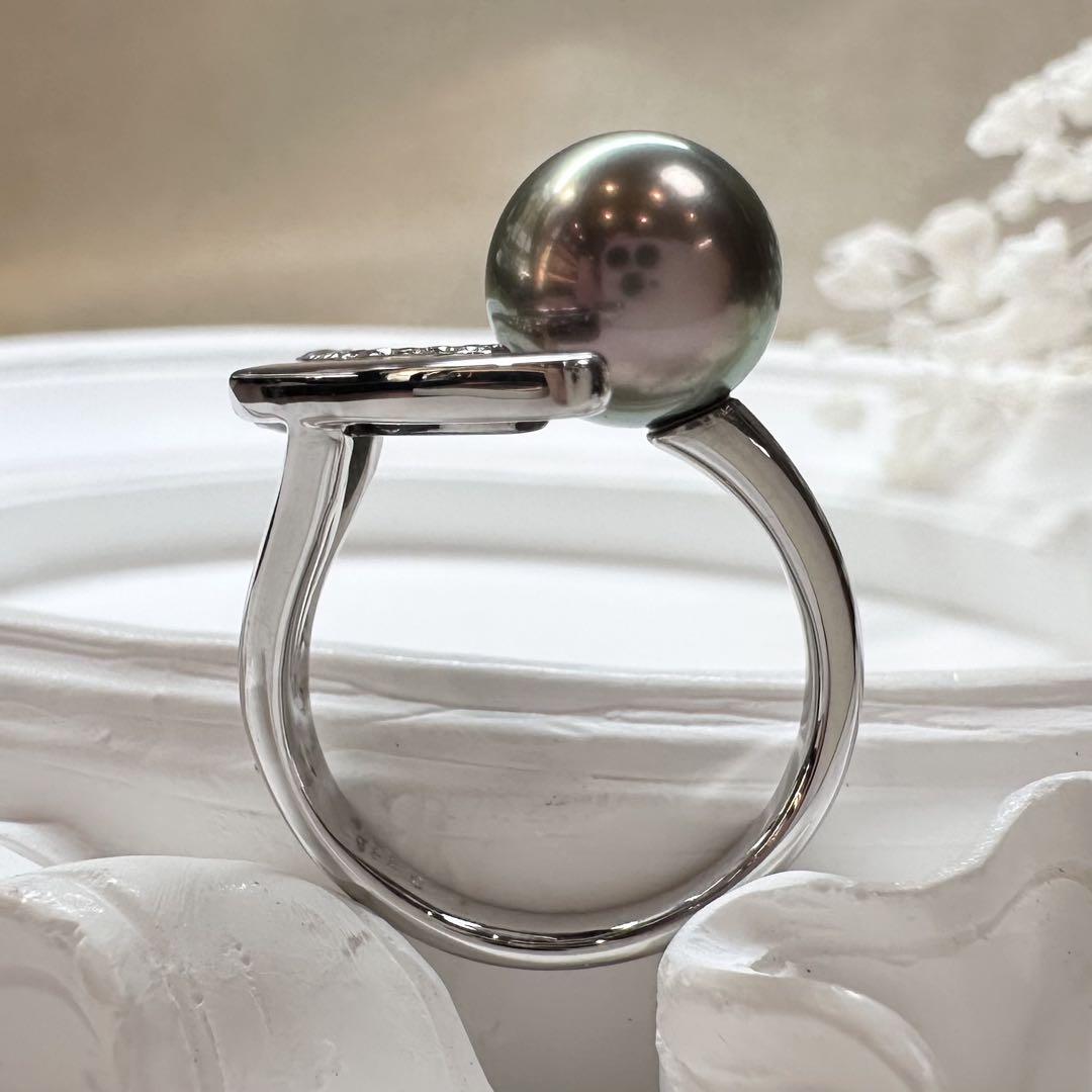 【K18WG】黒蝶真珠 9.2mm ブラックリング ダイヤ　デザイン