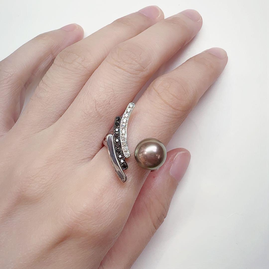 【K18WG】黒蝶真珠 9.2mm ブラックリング ダイヤ　デザイン