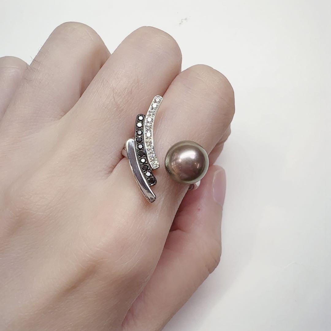 【K18WG】黒蝶真珠 9.2mm ブラックリング ダイヤ　デザイン