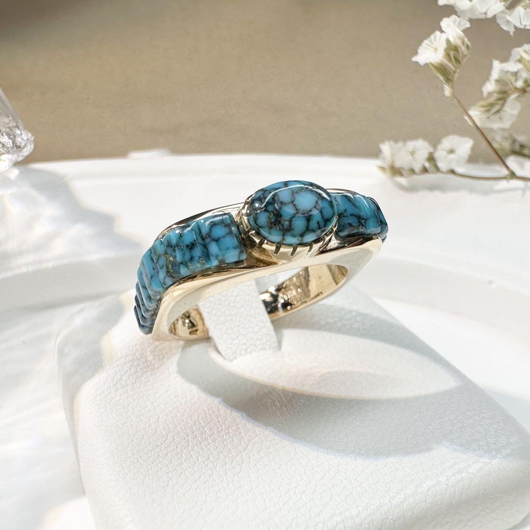 【美品】K14 ターコイズ リング 天然石 クモ模様