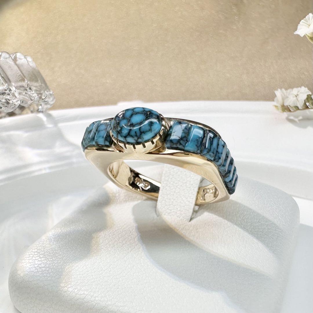 【美品】K14 ターコイズ リング 天然石 クモ模様