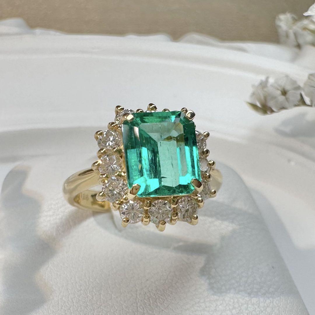 【K18】エメラルド 1.85ct リング ダイヤ取巻き イエローゴールド