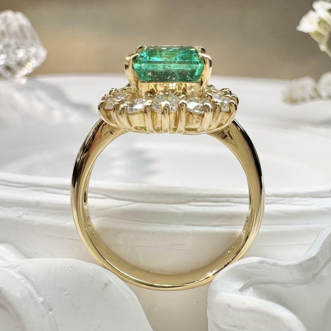 【K18】エメラルド 1.85ct リング ダイヤ取巻き イエローゴールド