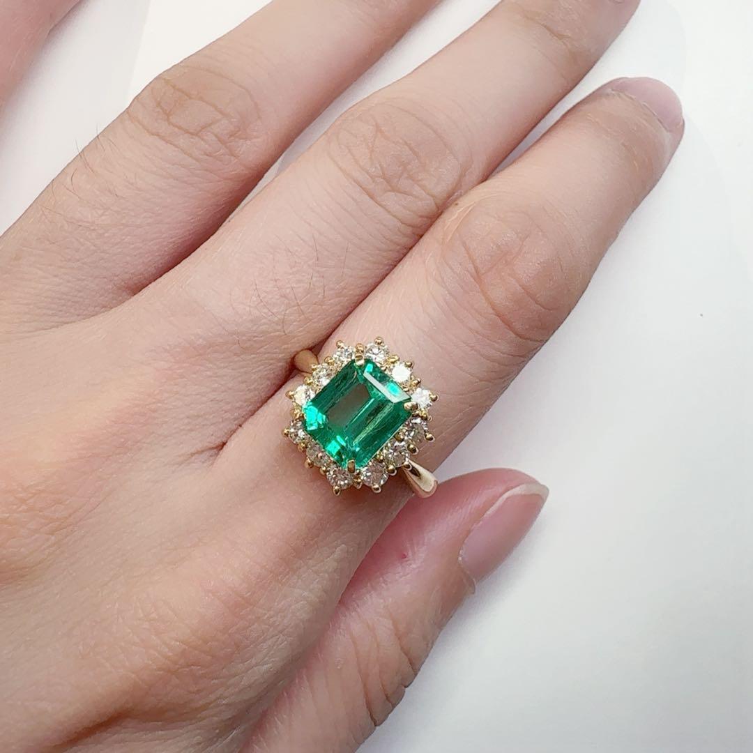 【K18】エメラルド 1.85ct リング ダイヤ取巻き イエローゴールド