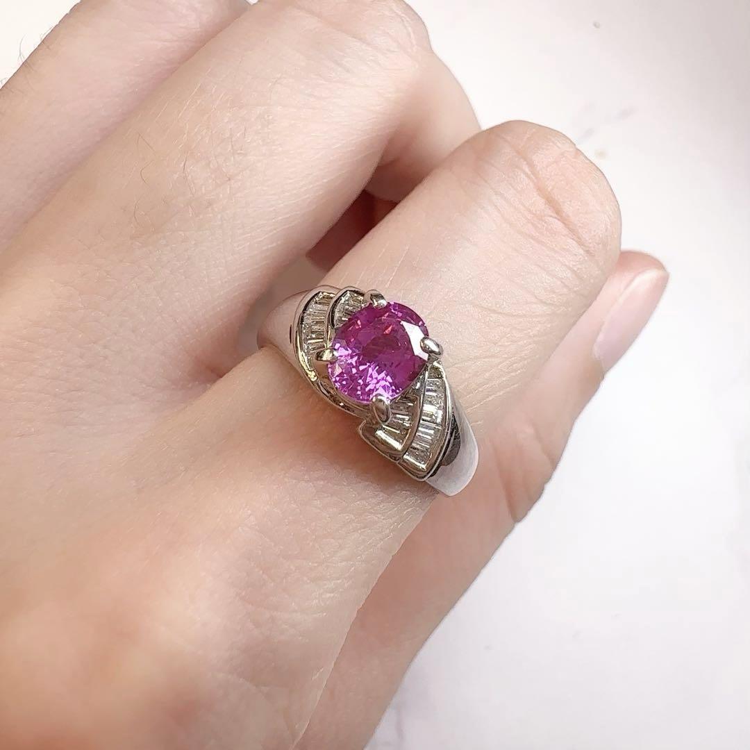 【K18】天然ピンクサファイアリング 1.09ct × バゲットダイヤ　リング