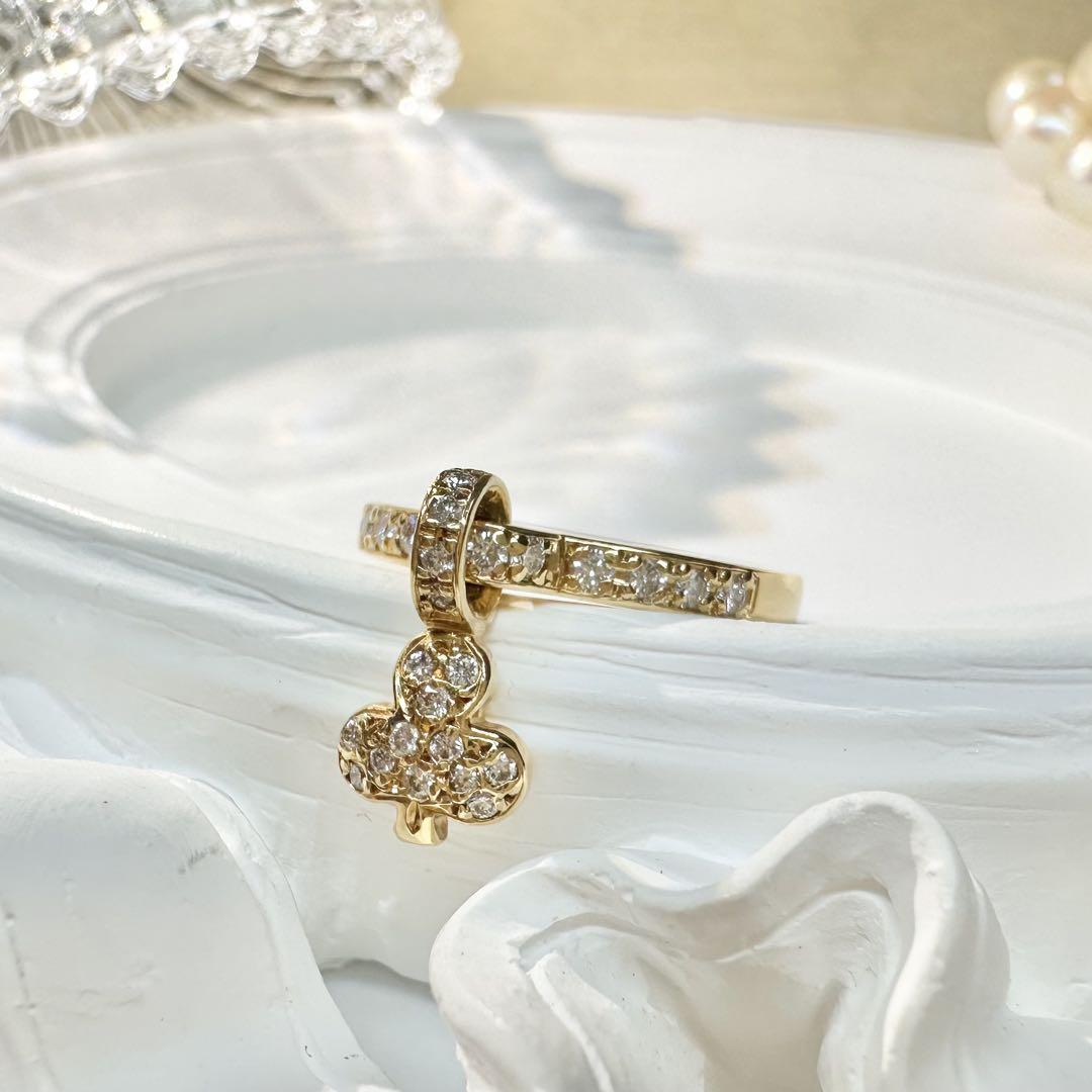 【K18】ダイヤモンド 0.3ct リング クローバー チャーム付き　揺れる