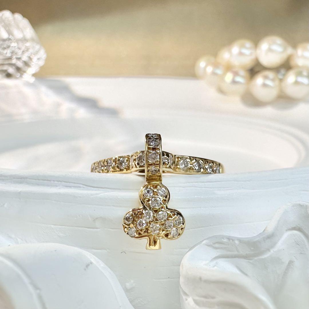 【K18】ダイヤモンド 0.3ct リング クローバー チャーム付き　揺れる