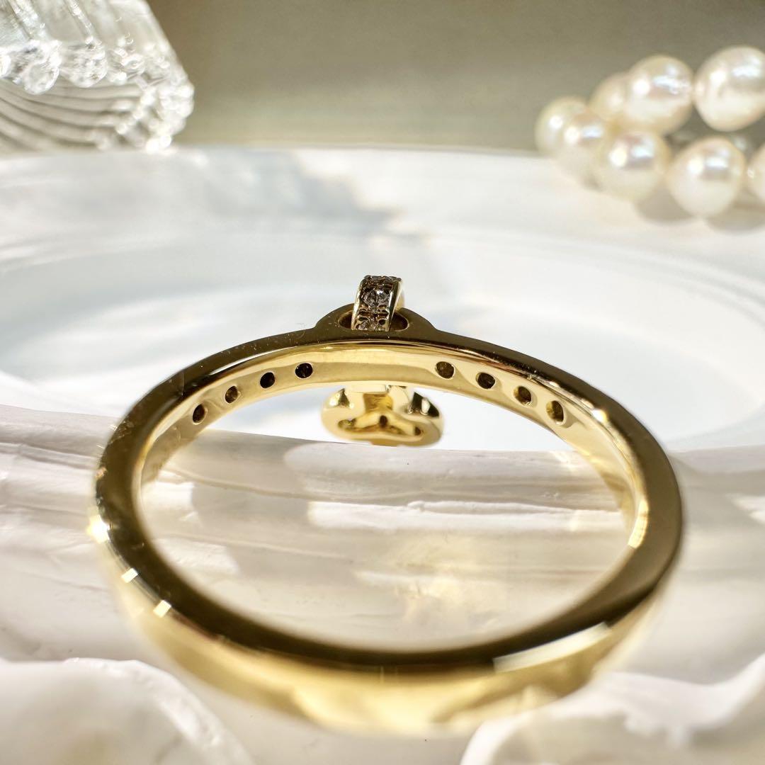 【K18】ダイヤモンド 0.3ct リング クローバー チャーム付き　揺れる