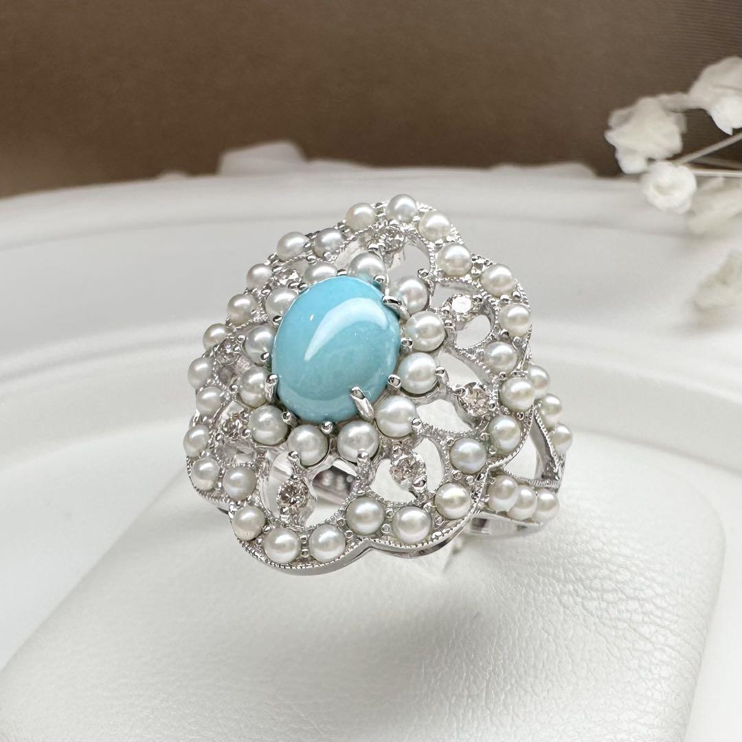 【K18WG】 ターコイズ 1.10ct パール リング　アンティーク