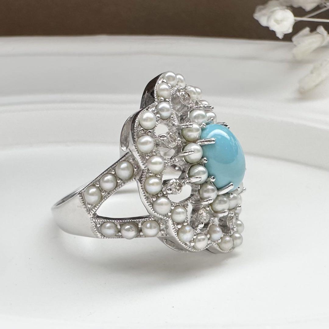 【K18WG】 ターコイズ 1.10ct パール リング　アンティーク