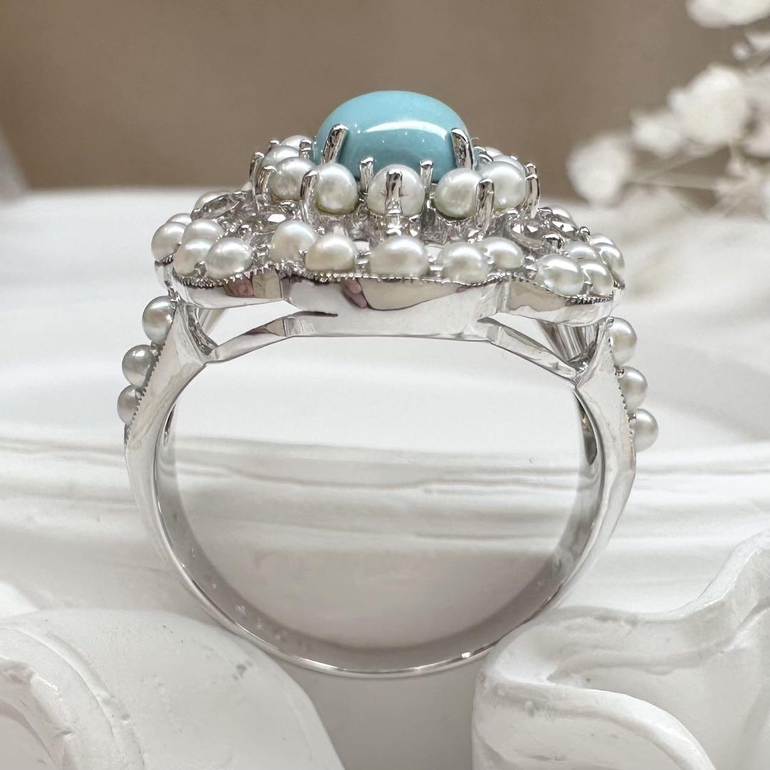 【K18WG】 ターコイズ 1.10ct パール リング　アンティーク