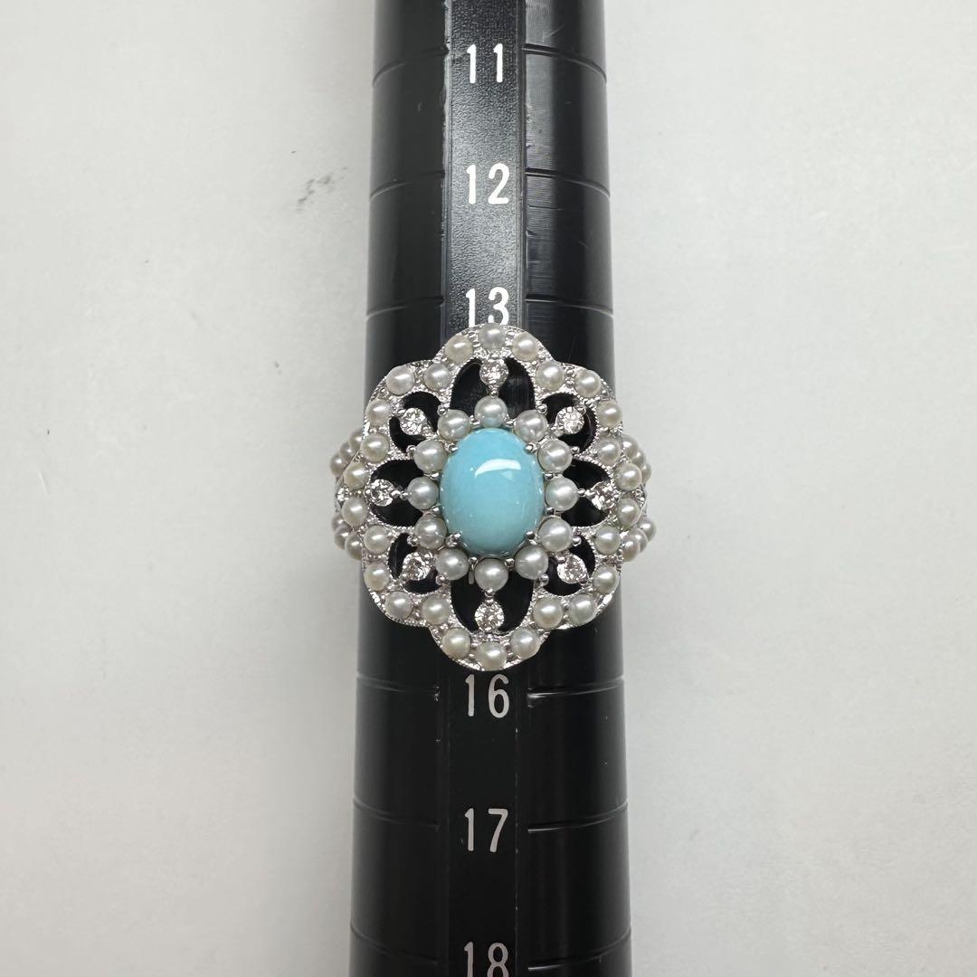 【K18WG】 ターコイズ 1.10ct パール リング　アンティーク