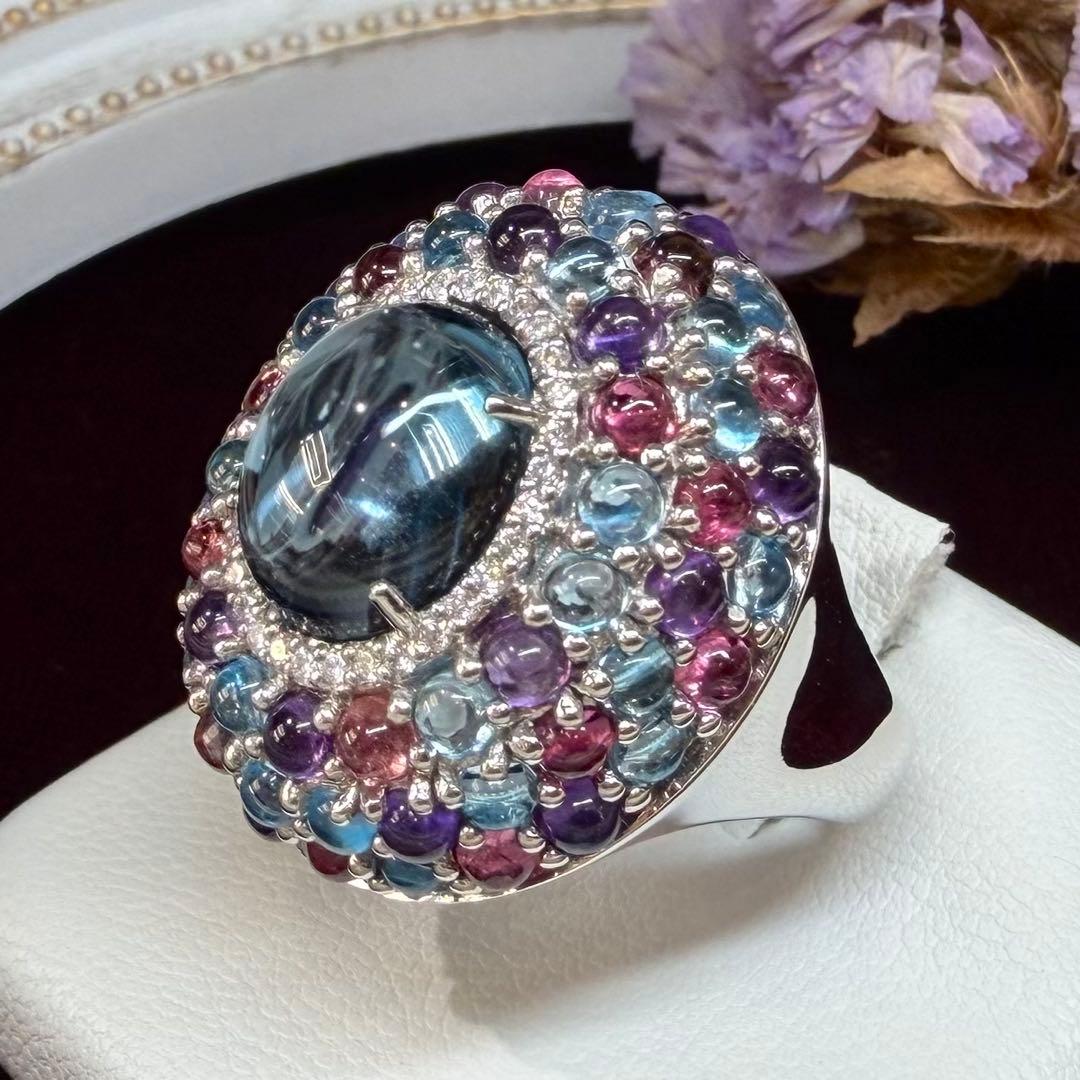 【K18WG】ブルートパーズ 4.25ct リング カラーストーンミックス