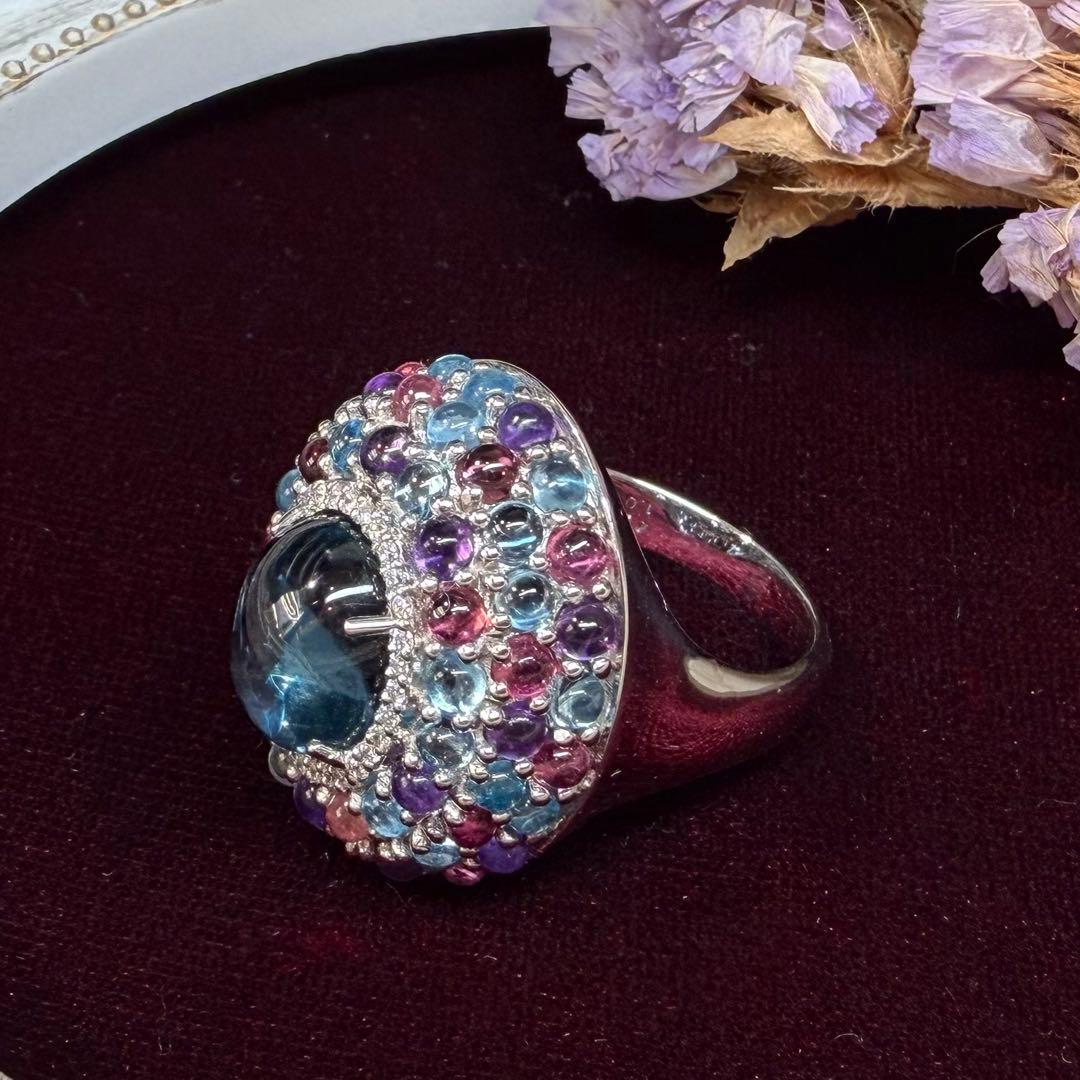【K18WG】ブルートパーズ 4.25ct リング カラーストーンミックス