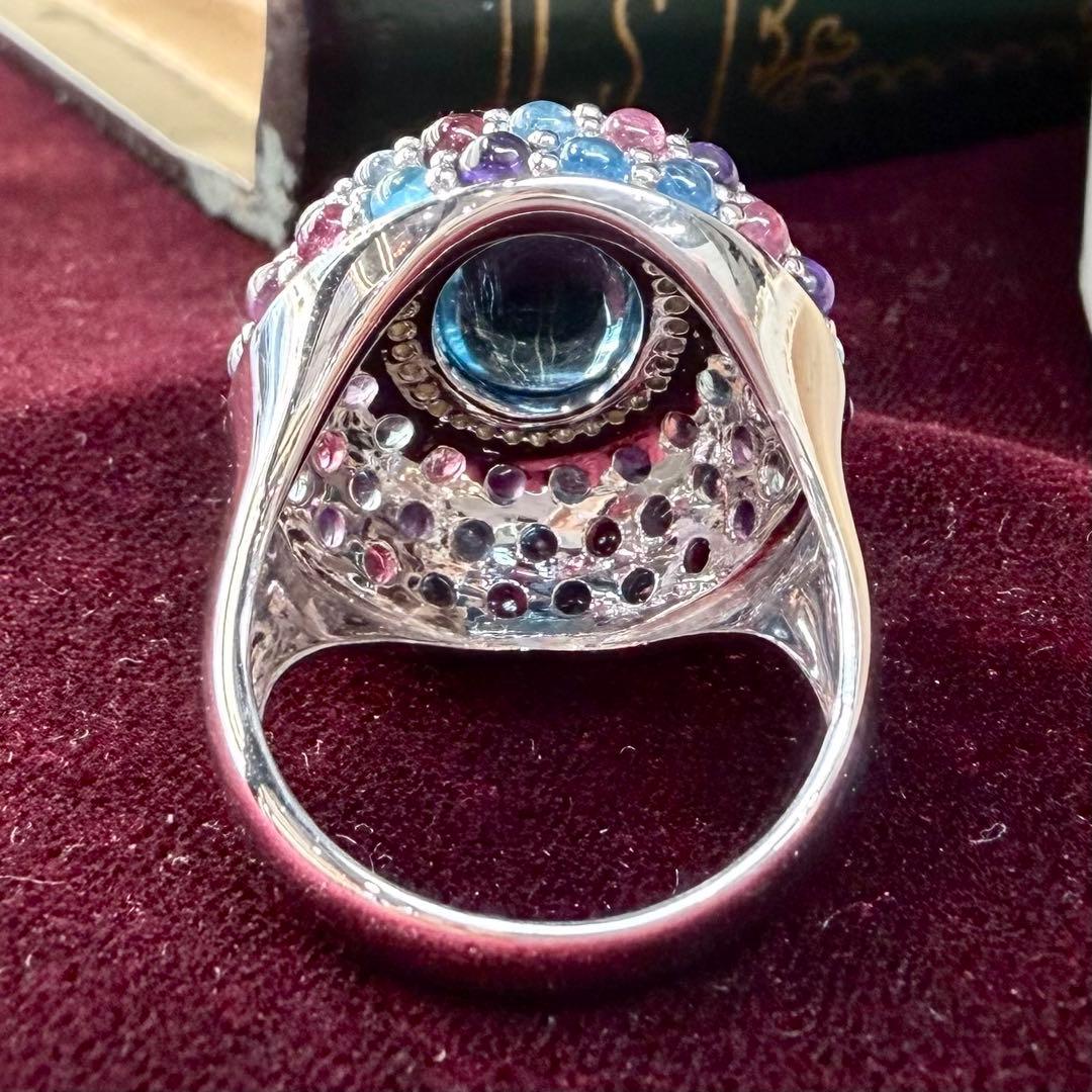 【K18WG】ブルートパーズ 4.25ct リング カラーストーンミックス