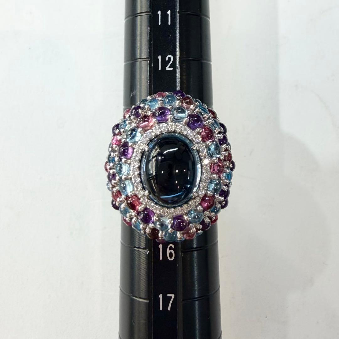 【K18WG】ブルートパーズ 4.25ct リング カラーストーンミックス