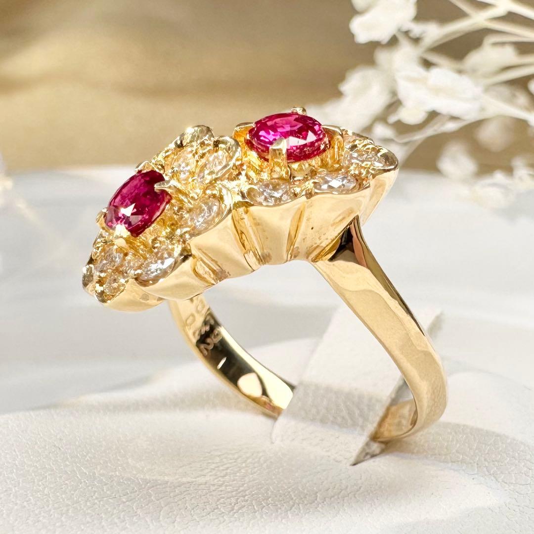 【K18】ルビー 0.59ct ダイヤモンド フラワー リング