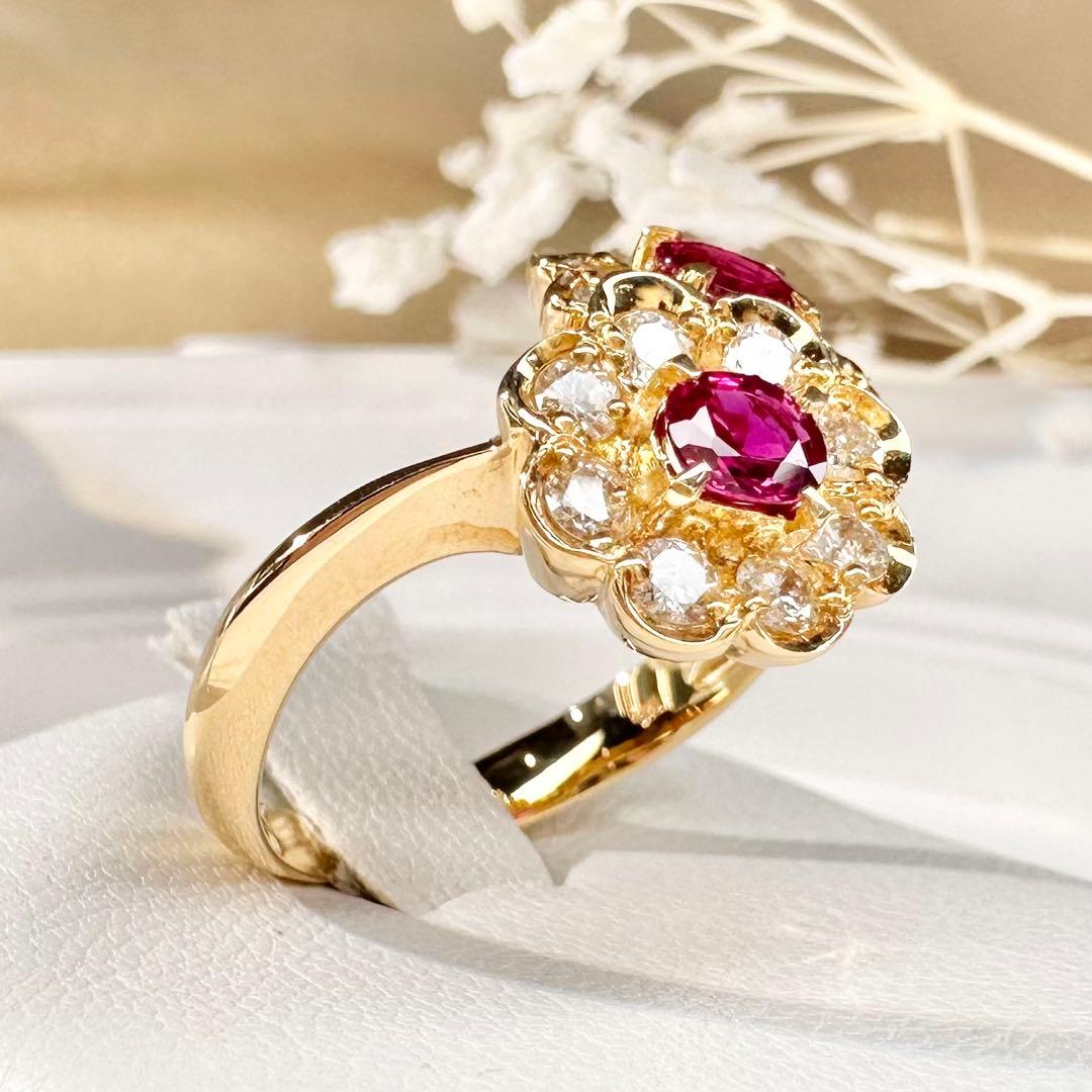 【K18】ルビー 0.59ct ダイヤモンド フラワー リング