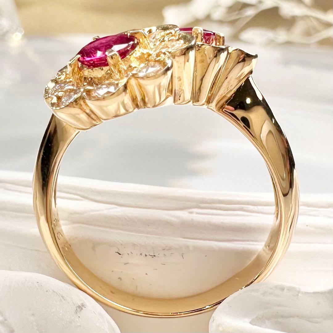 【K18】ルビー 0.59ct ダイヤモンド フラワー リング