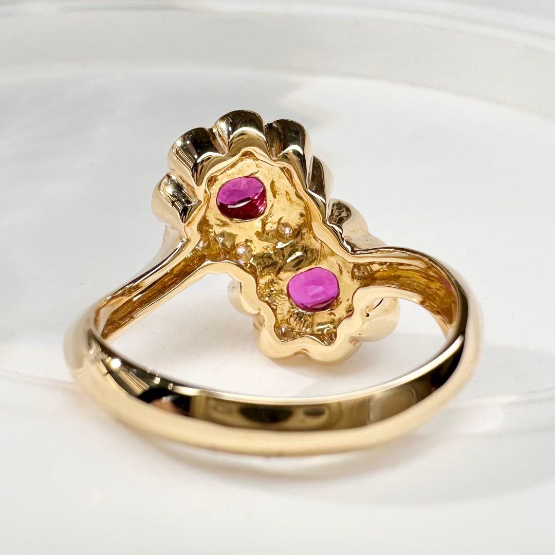 【K18】ルビー 0.59ct ダイヤモンド フラワー リング