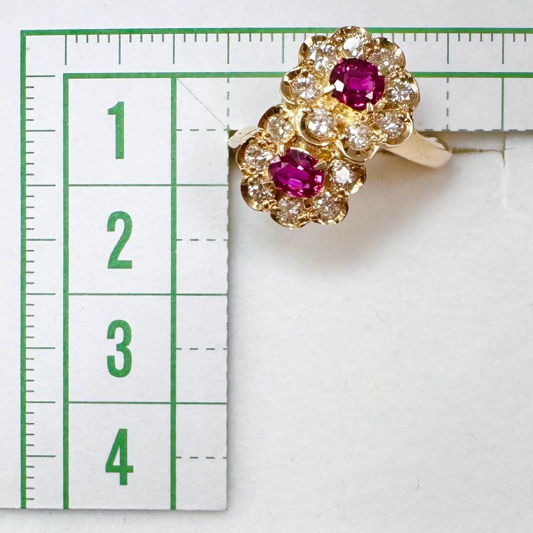【K18】ルビー 0.59ct ダイヤモンド フラワー リング