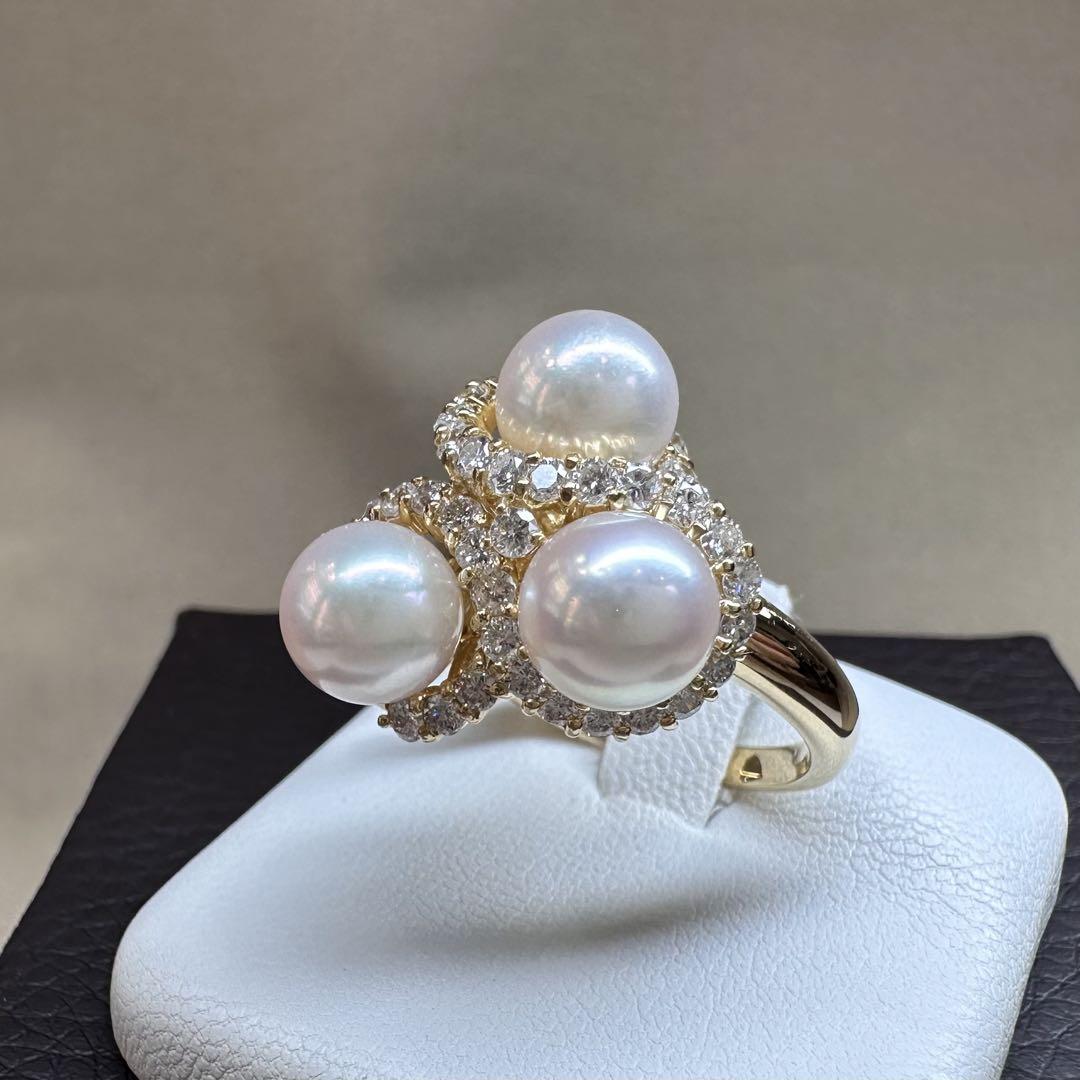 【K18】真珠パール 7.4mm 3粒ダイヤモンド リング