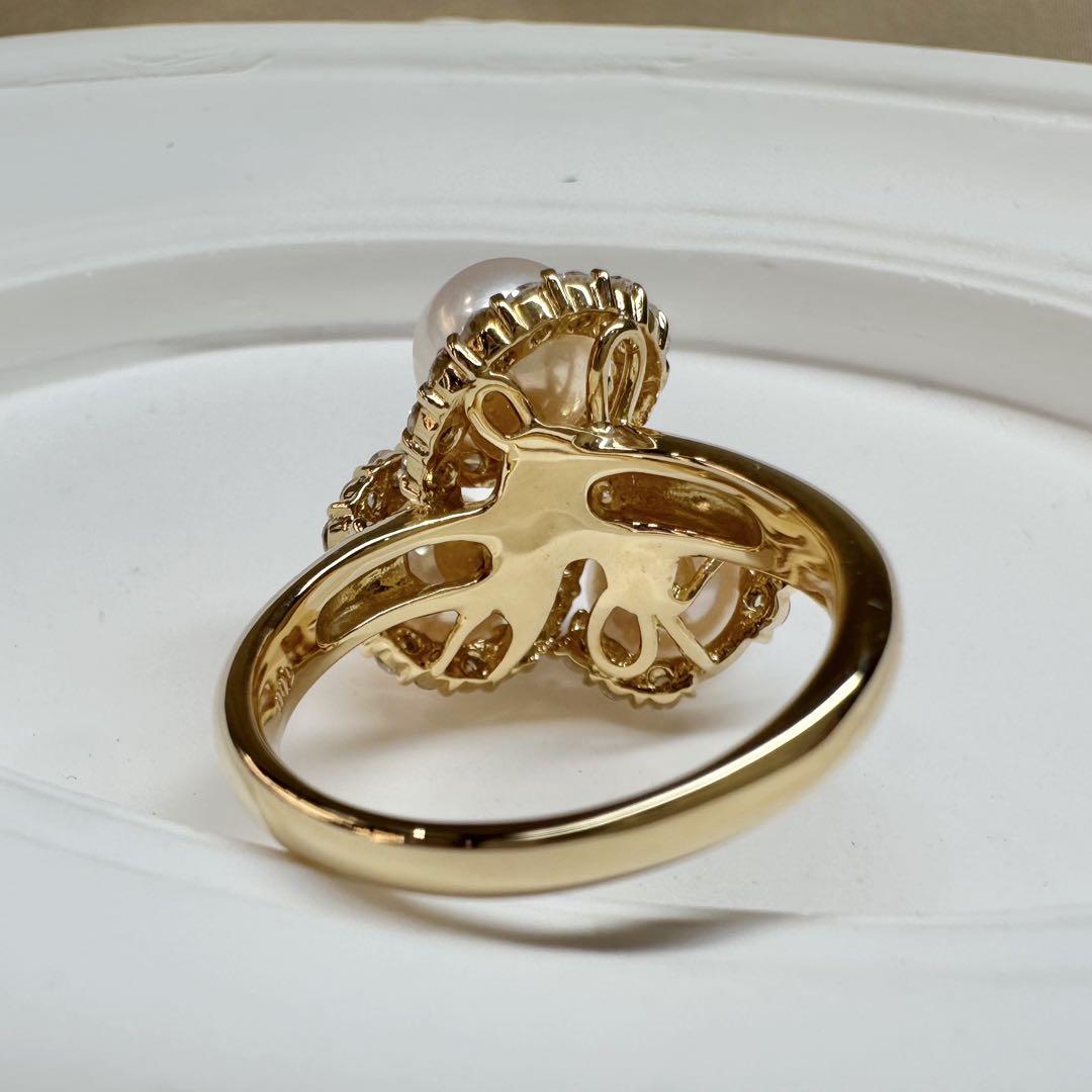 【K18】真珠パール 7.4mm 3粒ダイヤモンド リング